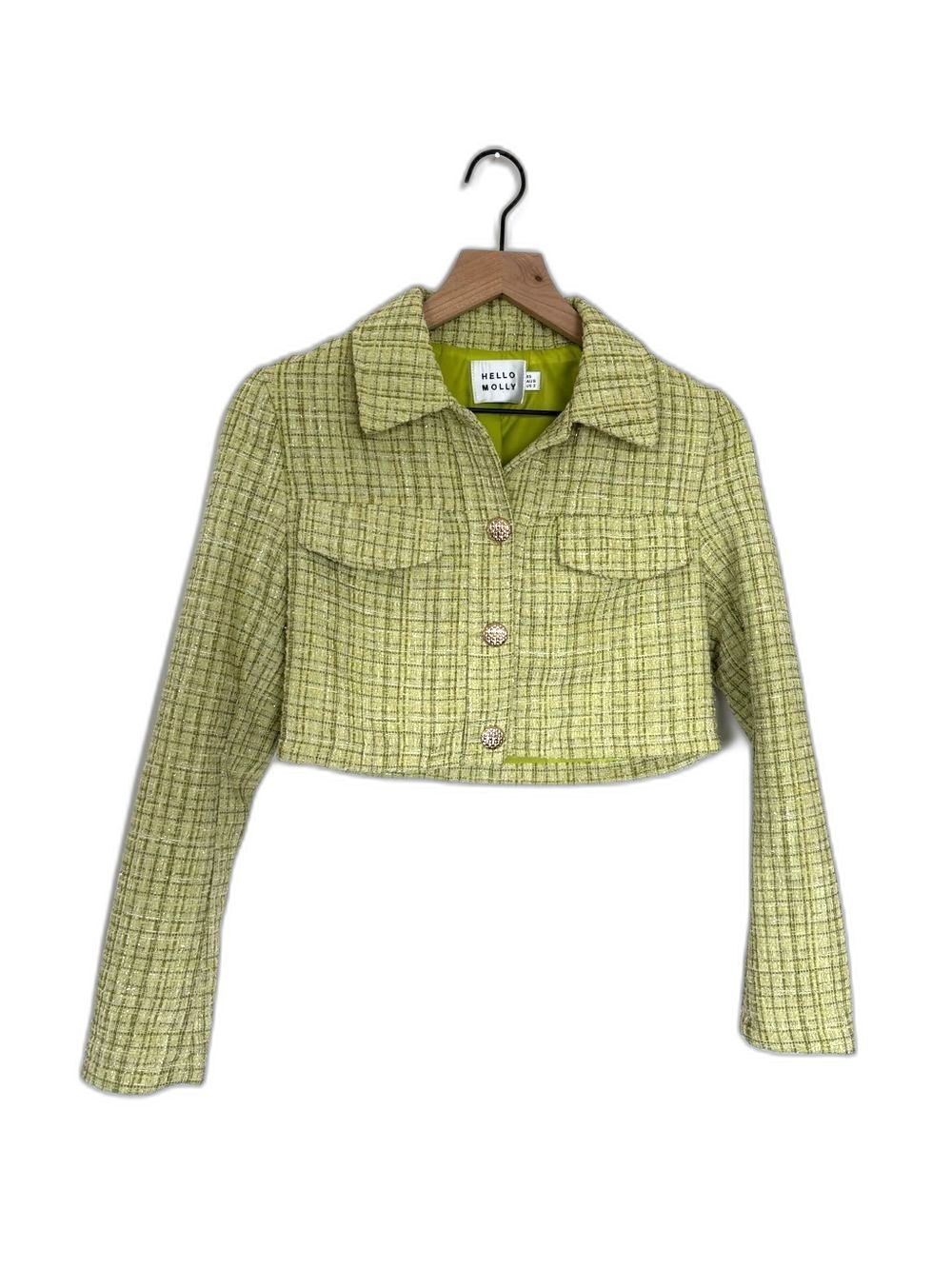 Hello Molly Lime Green Tweed Cropped Blazer Jacket W/ Gold Buttons Size 2 or XS